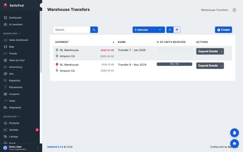 Two warehouse transfers from a 3PL warehouse to Amazon CA, with dates and the percentage received; demo data.